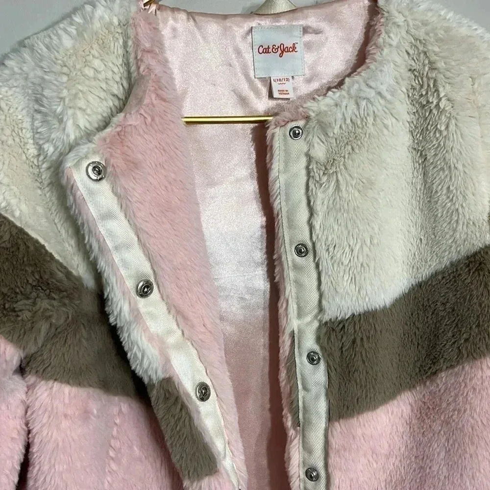 Cat & Jack Girls Faux Fur Colorblock‎ Jacket Pink Cream Brown Size L 10/12
